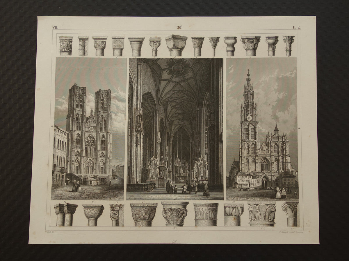 Gotische Kathedralen Oude architectuur prent 1849 originele antieke illustratie gravure Munster York Kathedraal Burgos