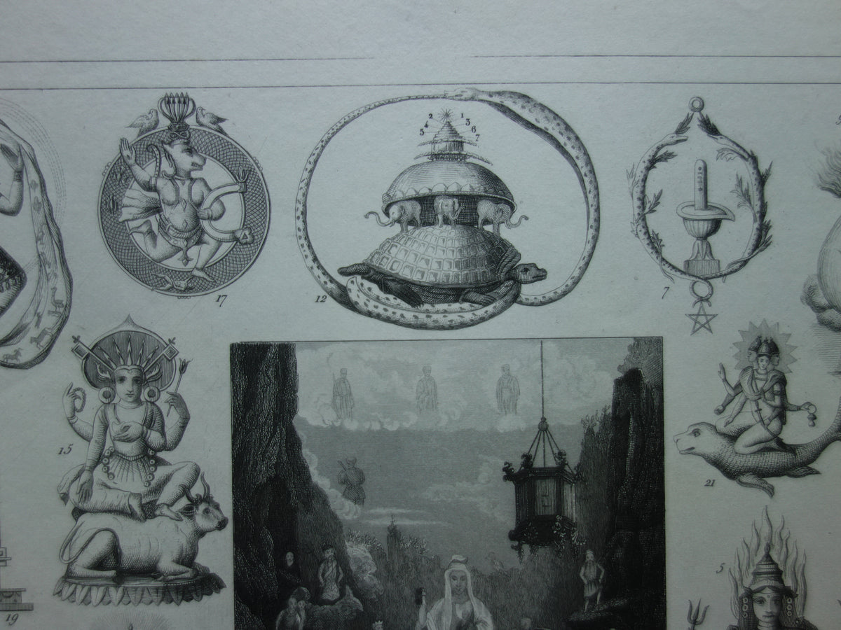 Boeddhisme antieke print Originele 175+ jaar oude prent illustratie Boeddhistische priesters antieke print Goden Priester Brahma Vishnu Shiva vintage religie prenten