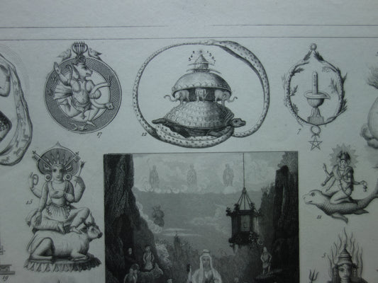 Antiker Buddhismus-Druck, Original, über 175 Jahre alt, Illustration, buddhistische Priester, Götter, Priester, Brahma, Vishnu, Shiva, Vintage-Religionsdrucke