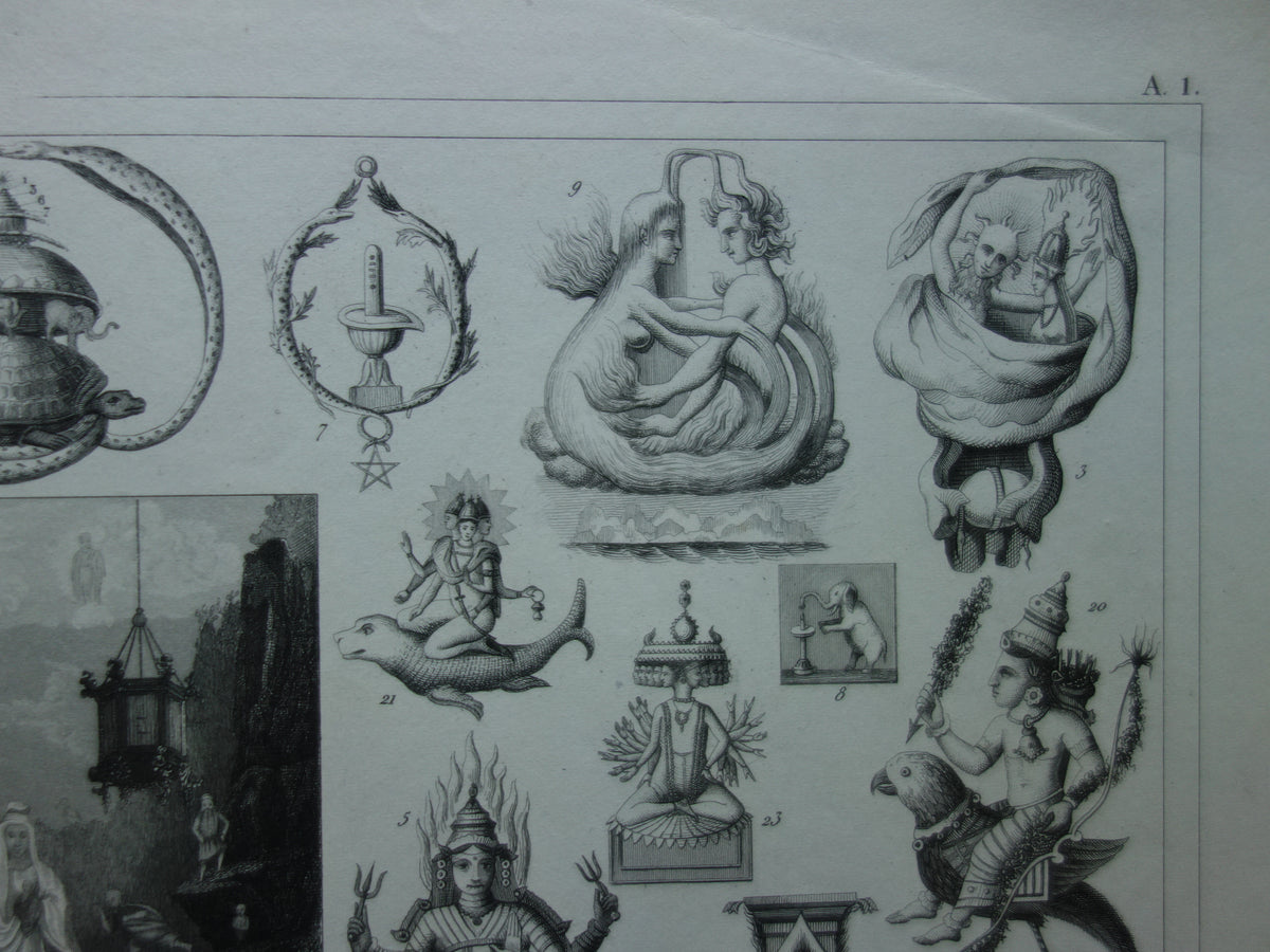 Boeddhisme antieke print Originele 175+ jaar oude prent illustratie Boeddhistische priesters antieke print Goden Priester Brahma Vishnu Shiva vintage religie prenten