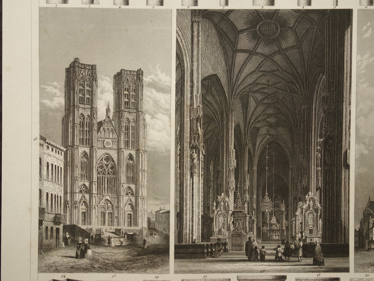 Gotische Kathedralen Oude architectuur prent 1849 originele antieke illustratie gravure Munster York Kathedraal Burgos