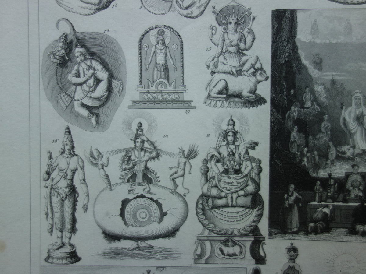 Boeddhisme antieke print Originele 175+ jaar oude prent illustratie Boeddhistische priesters antieke print Goden Priester Brahma Vishnu Shiva vintage religie prenten