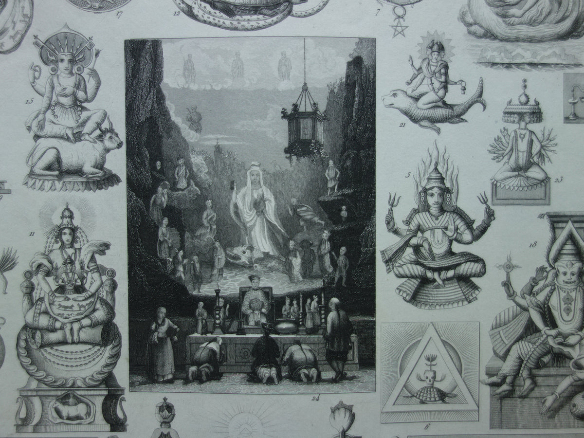 Boeddhisme antieke print Originele 175+ jaar oude prent illustratie Boeddhistische priesters antieke print Goden Priester Brahma Vishnu Shiva vintage religie prenten