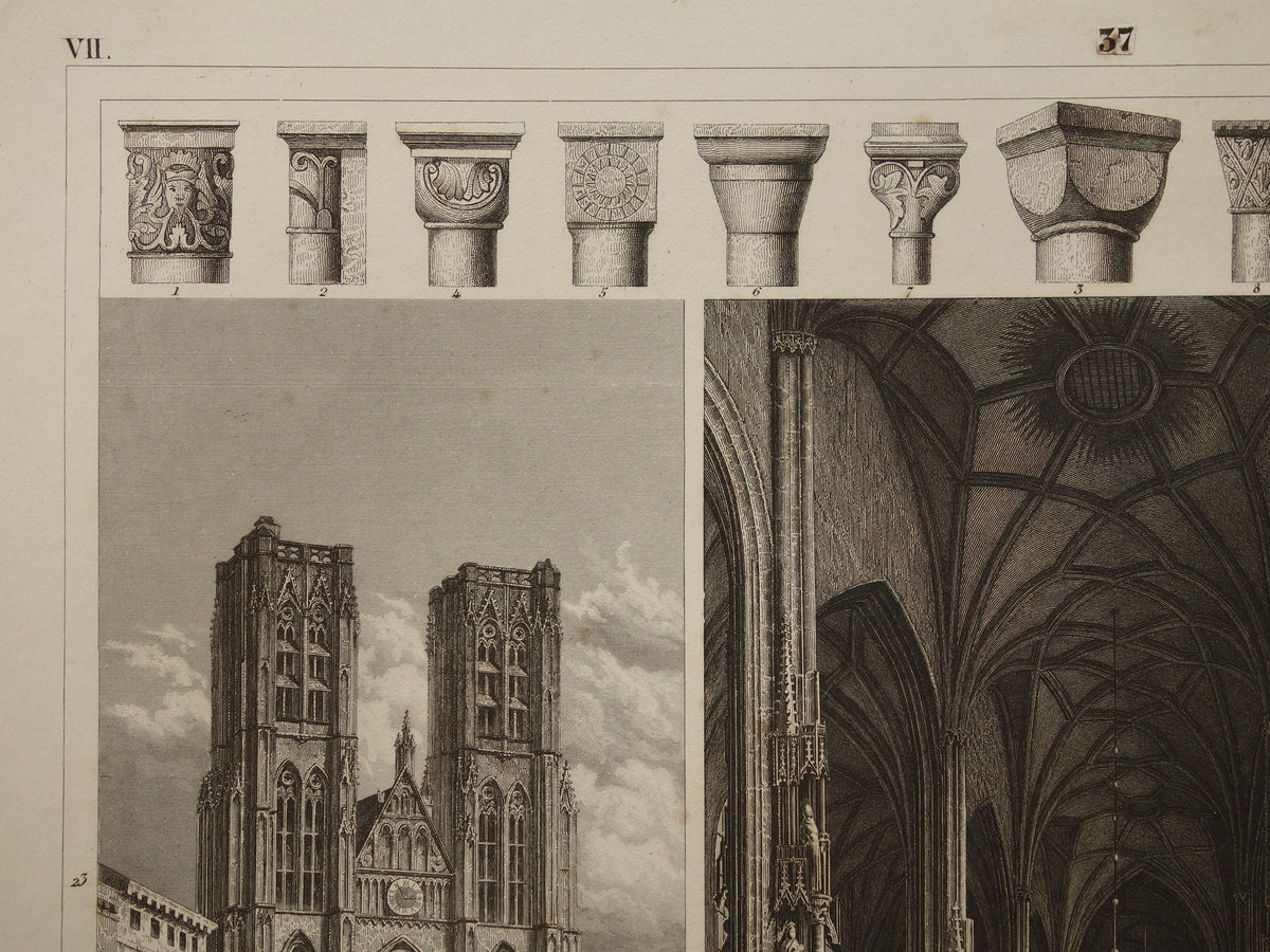 Gotische Kathedralen Oude architectuur prent 1849 originele antieke illustratie gravure Munster York Kathedraal Burgos