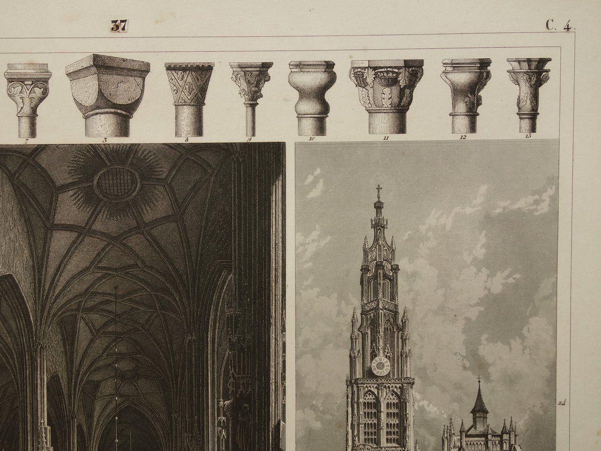 Gotische Kathedralen Oude architectuur prent 1849 originele antieke illustratie gravure Munster York Kathedraal Burgos