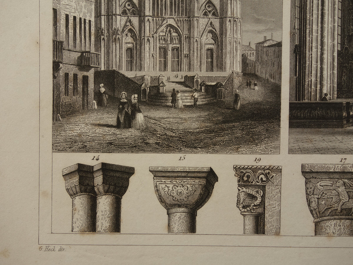 Gotische Kathedralen Oude architectuur prent 1849 originele antieke illustratie gravure Munster York Kathedraal Burgos
