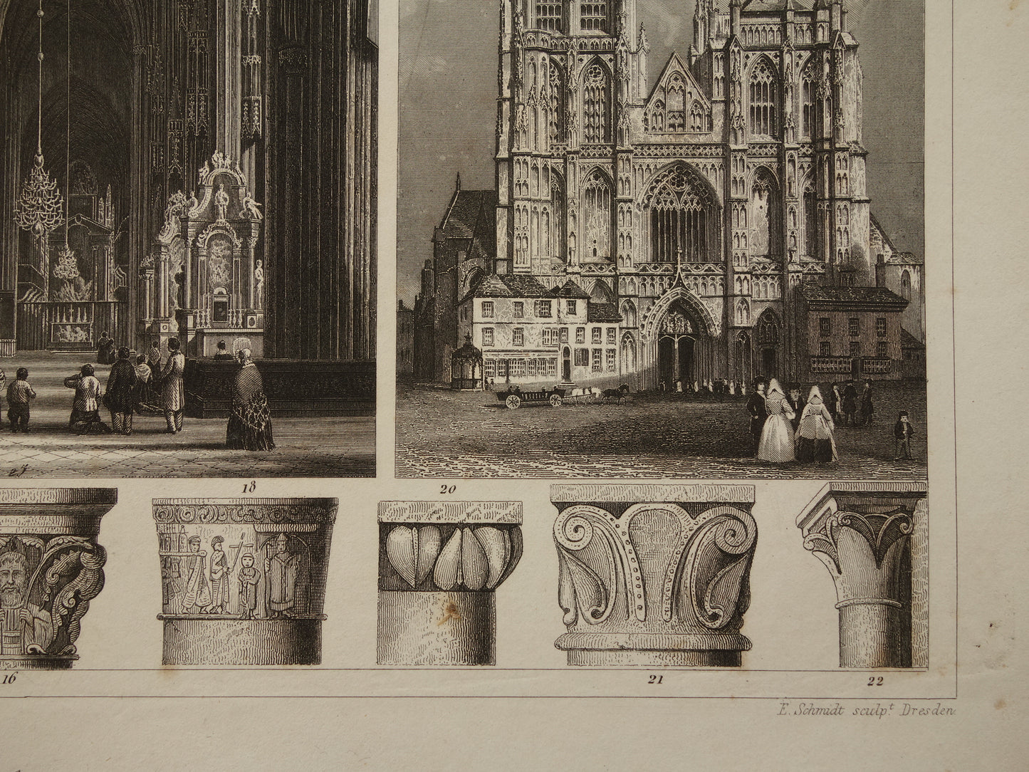 Gotische Kathedralen Oude architectuur prent 1849 originele antieke illustratie gravure Munster York Kathedraal Burgos