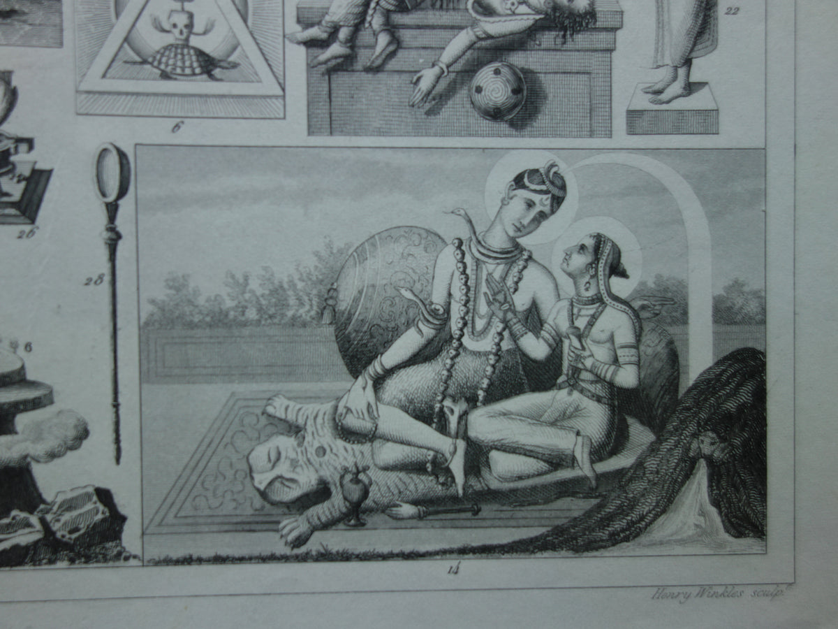Boeddhisme antieke print Originele 175+ jaar oude prent illustratie Boeddhistische priesters antieke print Goden Priester Brahma Vishnu Shiva vintage religie prenten