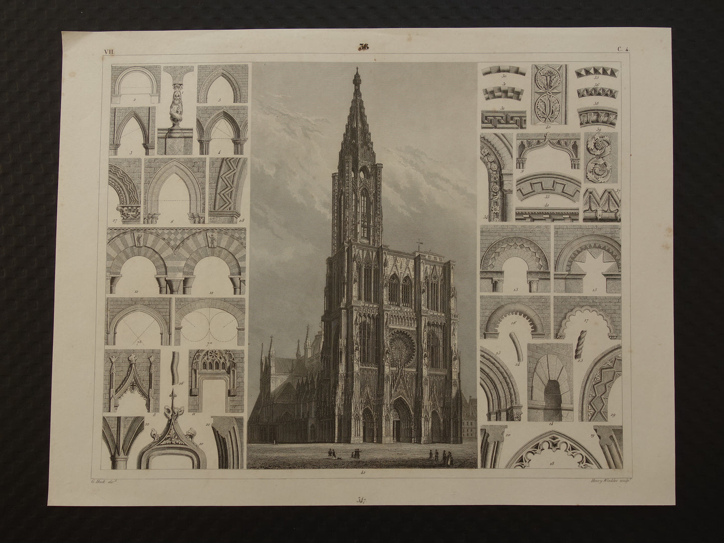 Straatsburg Kathedraal Oude architectuur prent 1849 originele antieke illustratie gravure