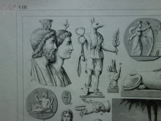 Alter Druck über ägyptische Götter, 1849, Originalillustration von Isis, Osiris und Anubis aus der Antike, Ägyptologie, Geschichte, Druckgrafik, Gravur
