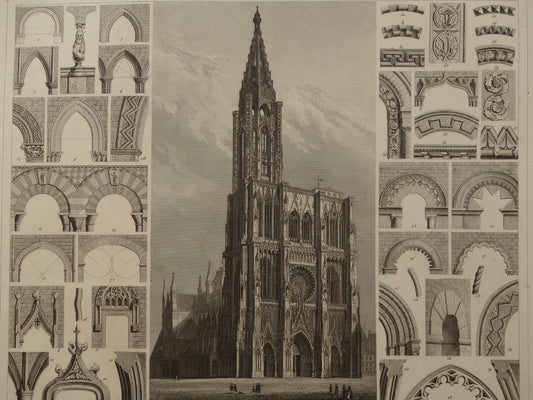 Straatsburg Kathedraal Oude architectuur prent 1849 originele antieke illustratie gravure