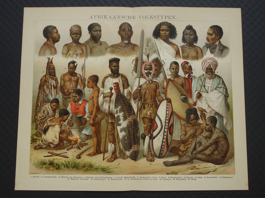 Oude prent Afrikaanse Volken Herero Massai Bosjesman Antieke illustratie stammen Antropologie Etnografie