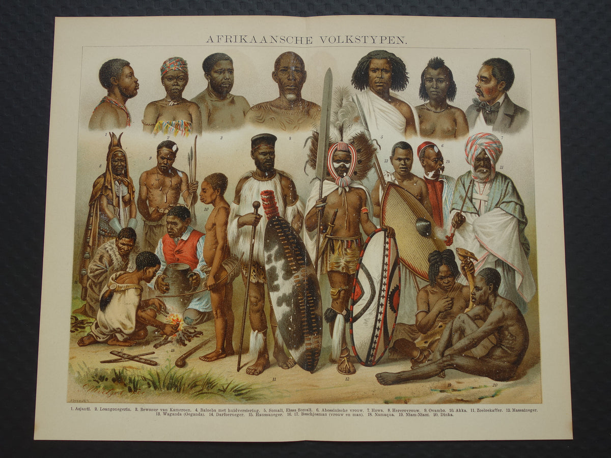Oude prent Afrikaanse Volken Herero Massai Bosjesman Antieke illustratie stammen Antropologie Etnografie