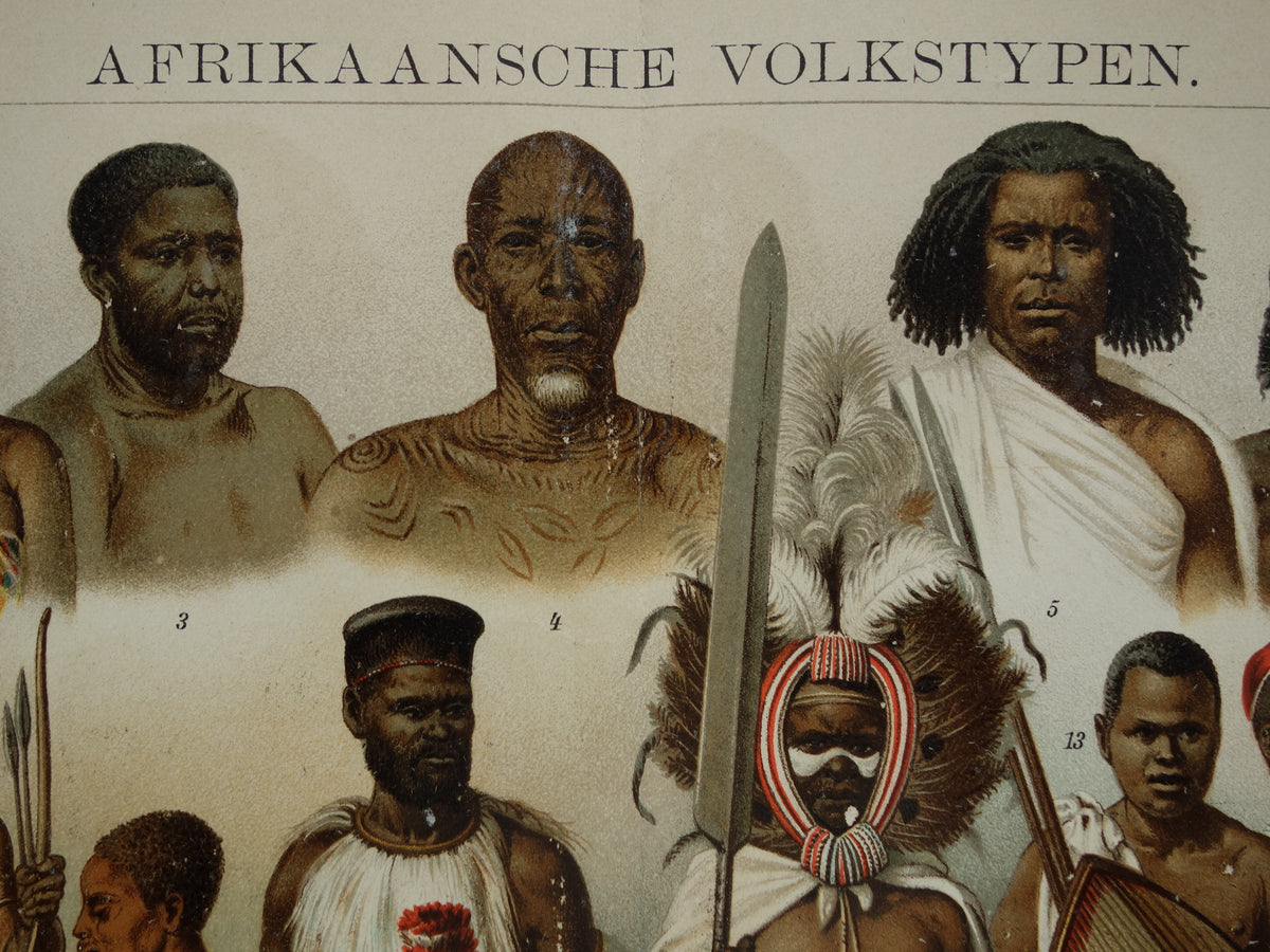 Oude prent Afrikaanse Volken Herero Massai Bosjesman Antieke illustratie stammen Antropologie Etnografie