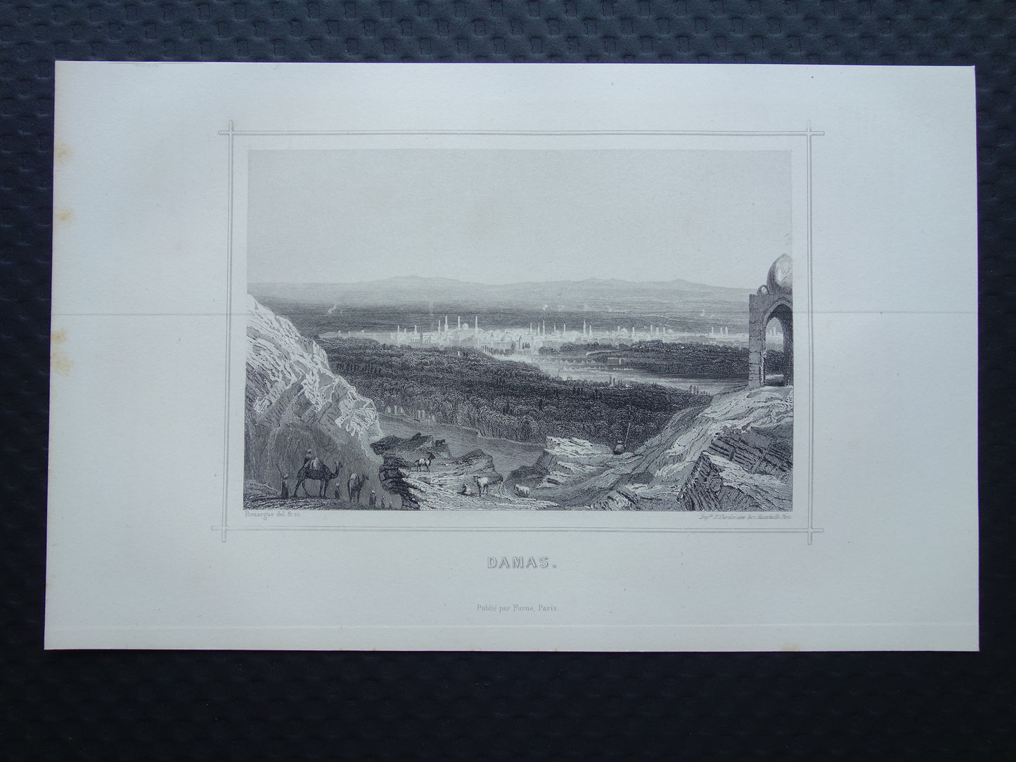 Old print of Damascus Syria 1852 original antique engraving view of Damascus