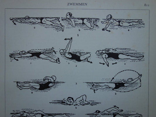 ZWEMMEN Oude sport prent over zwemslag