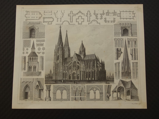 Dom van Keulen Oude architectuur prent 1849 originele antieke illustratie gravure Dom St. Peter und Maria