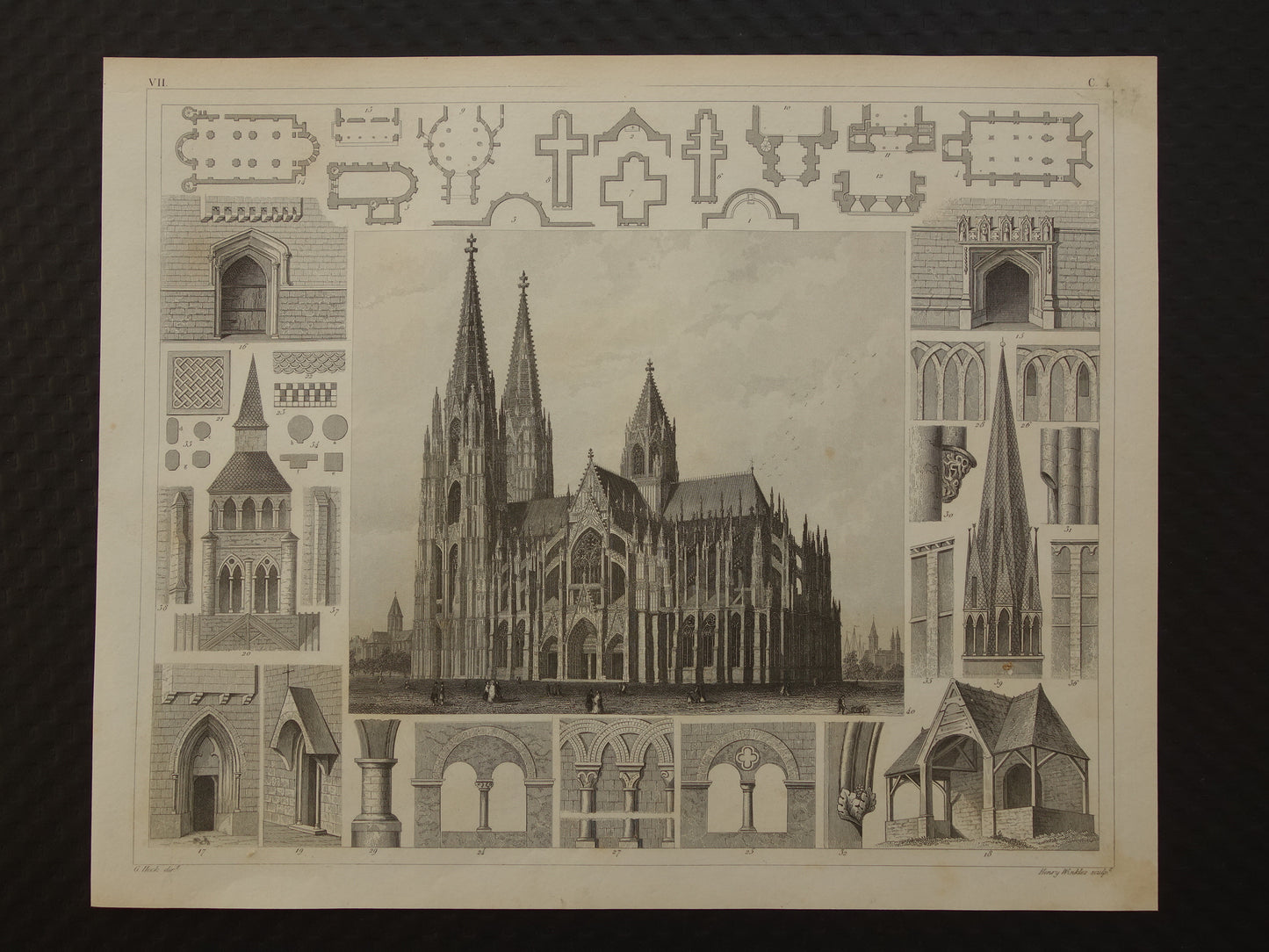 Dom van Keulen Oude architectuur prent 1849 originele antieke illustratie gravure Dom St. Peter und Maria