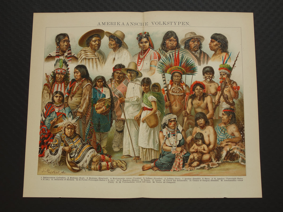Oude prent van Indianen Antieke illustratie oorspronkelijke bewoners Amerika Antropologie Etnografie