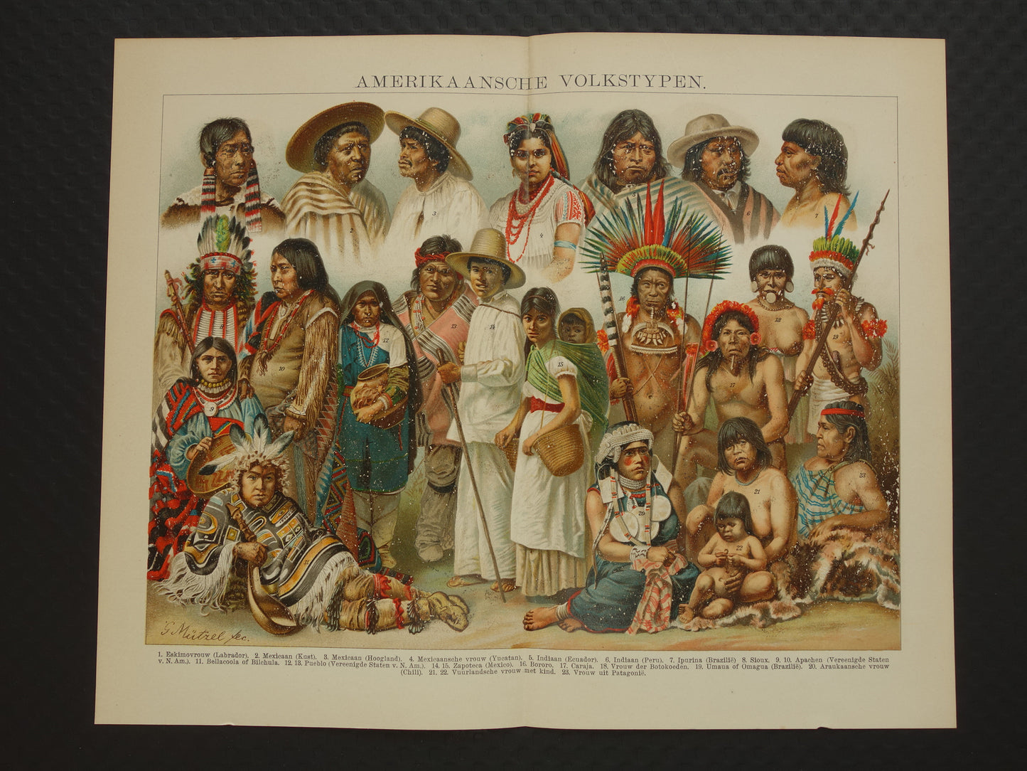 Oude prent van Indianen Antieke illustratie oorspronkelijke bewoners Amerika Antropologie Etnografie