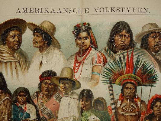 Oude prent van Indianen Antieke illustratie oorspronkelijke bewoners Amerika Antropologie Etnografie