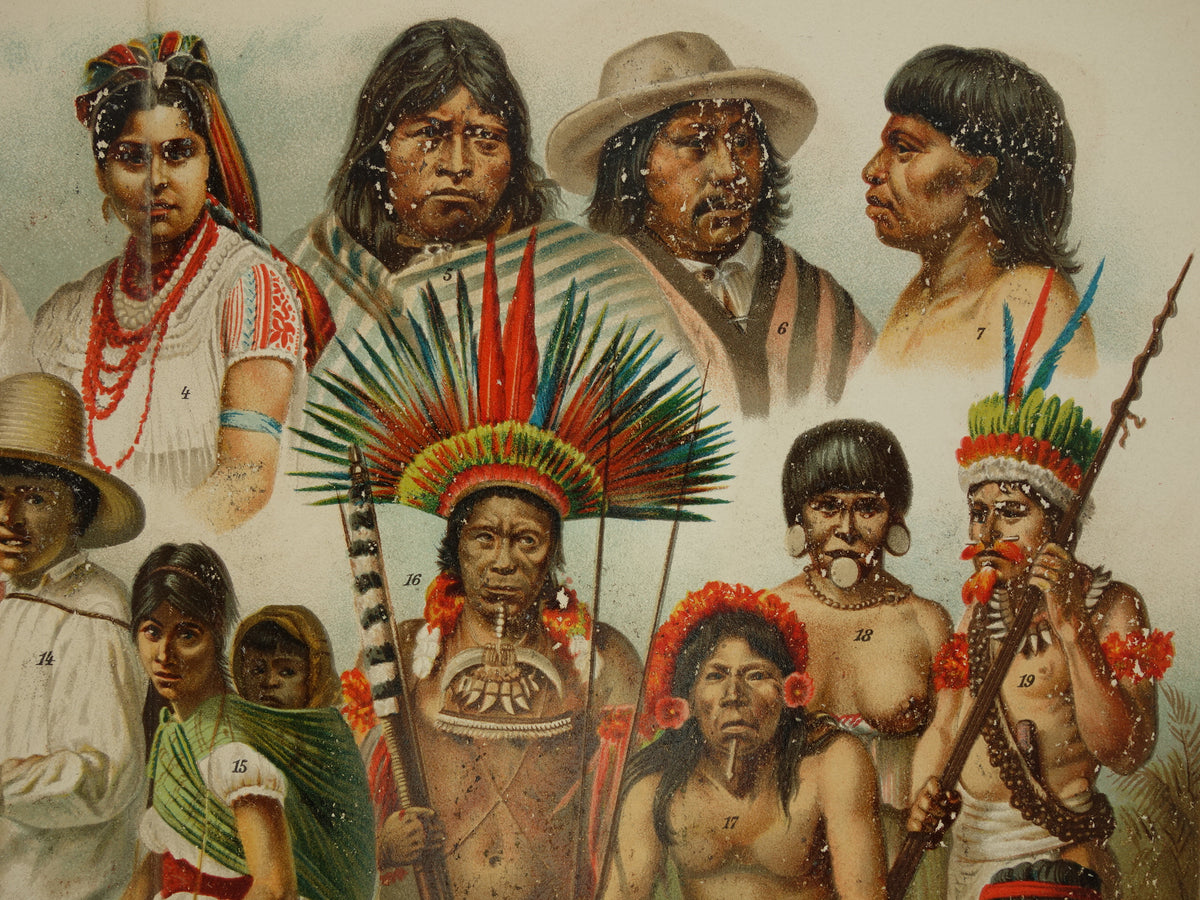 Oude prent van Indianen Antieke illustratie oorspronkelijke bewoners Amerika Antropologie Etnografie