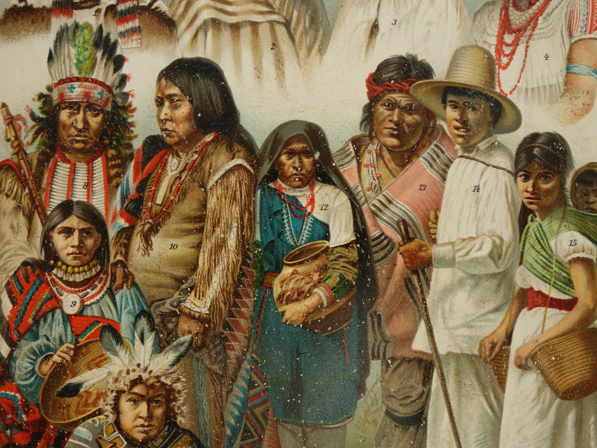 Oude prent van Indianen Antieke illustratie oorspronkelijke bewoners Amerika Antropologie Etnografie