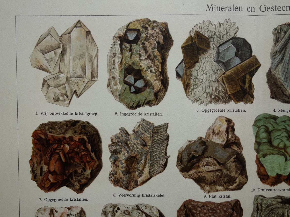 MINERALEN oude prent uit 1929 Originele vintage Nederlandse illustratie Kristallen Mineraal print