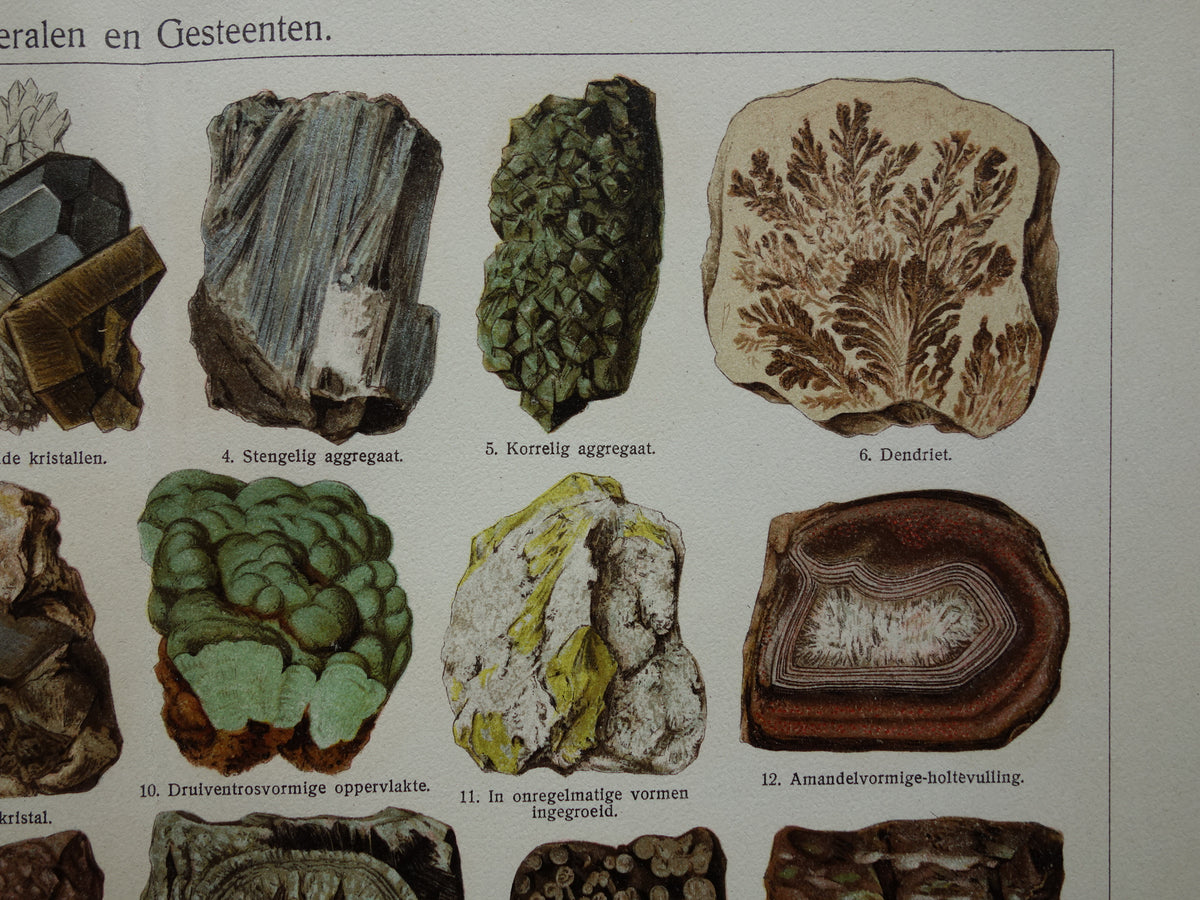 MINERALEN oude prent uit 1929 Originele vintage Nederlandse illustratie Kristallen Mineraal print