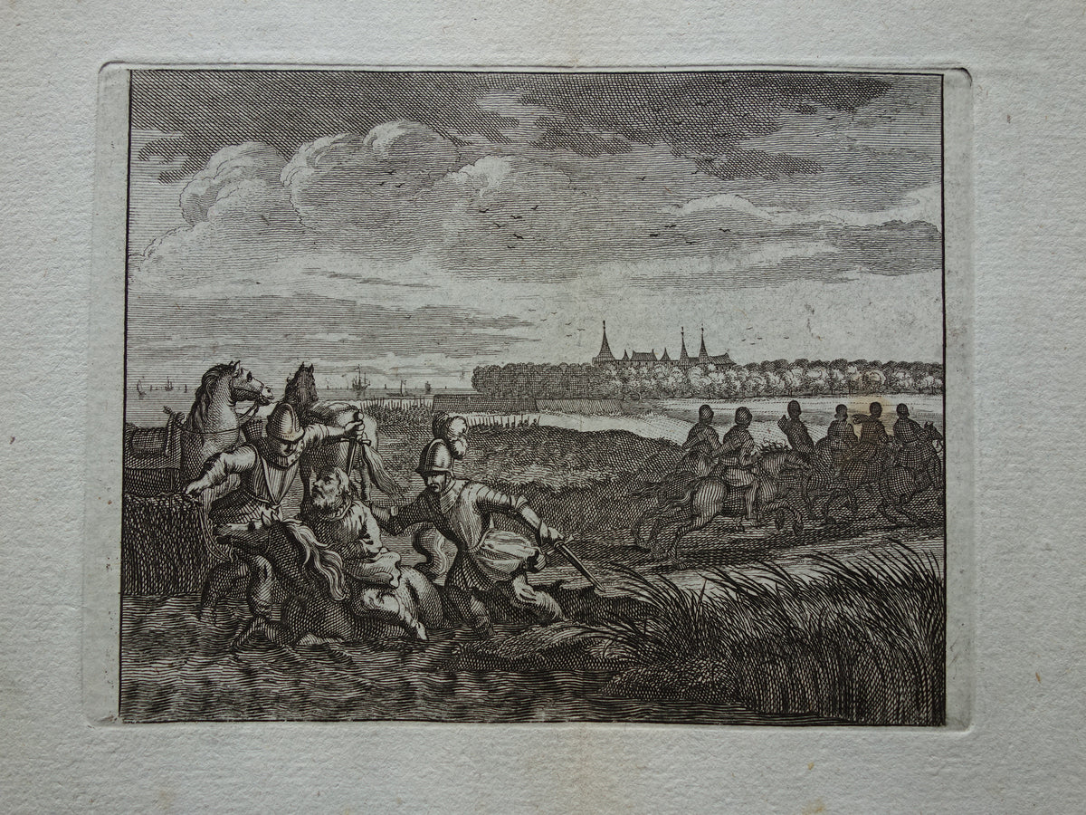 Graaf Floris V valt met zijn paard in het water oude gravure