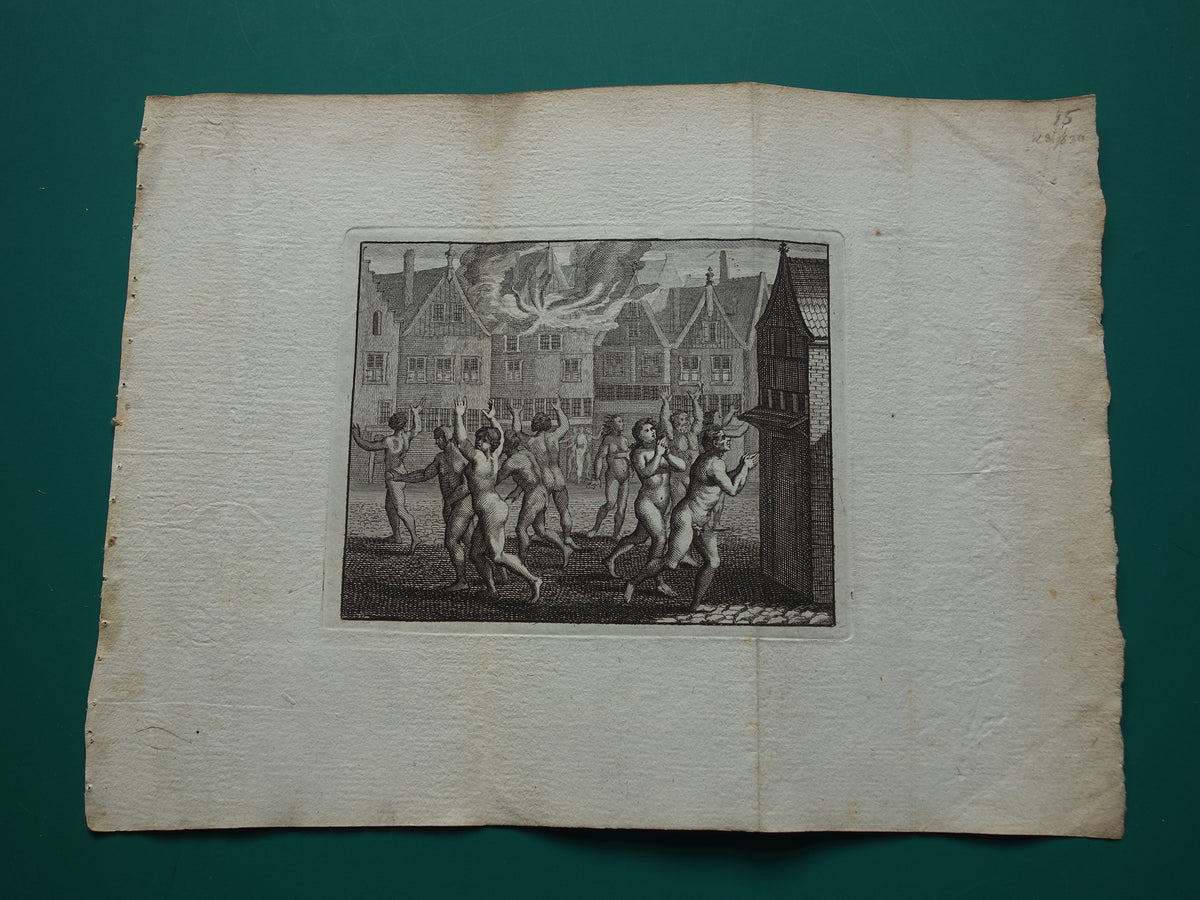 Wederdopersoproer Amsterdam - Set van twee antieke prenten uit 1770 - Gravure Geschiedenis Amsterdam Wagenaar