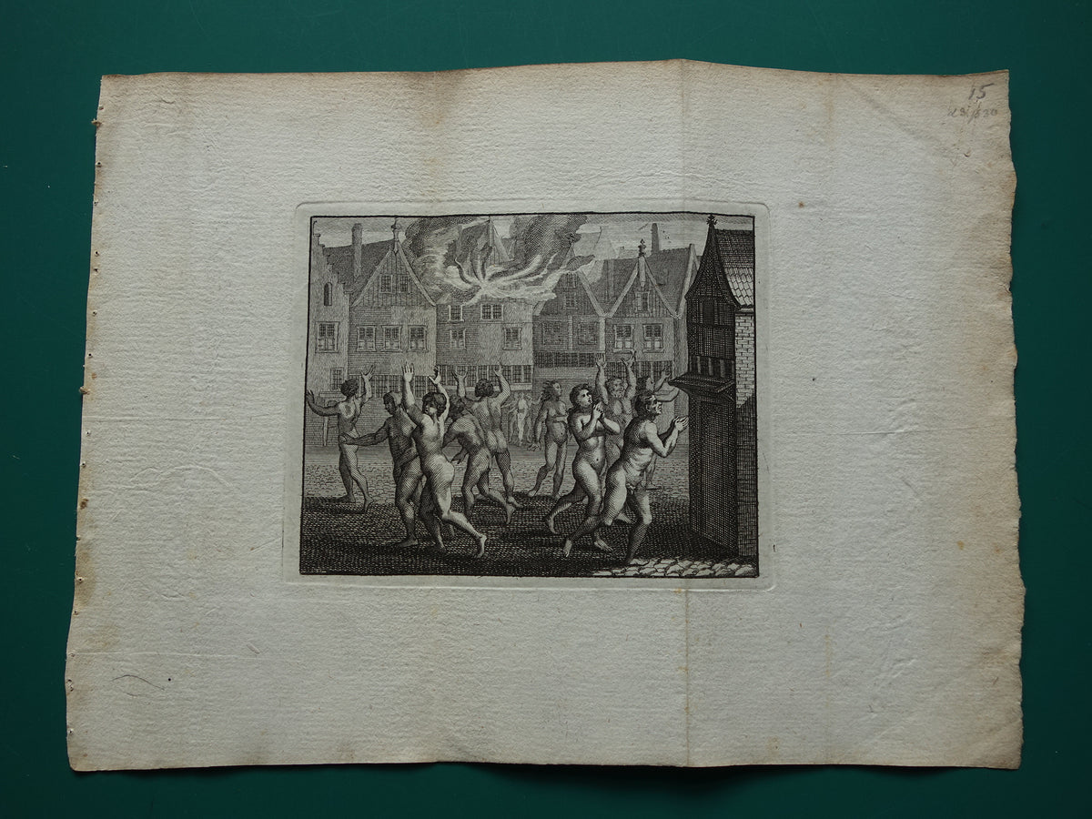 Wederdopersoproer Amsterdam - Set van twee antieke prenten uit 1770 - Gravure Geschiedenis Amsterdam Wagenaar