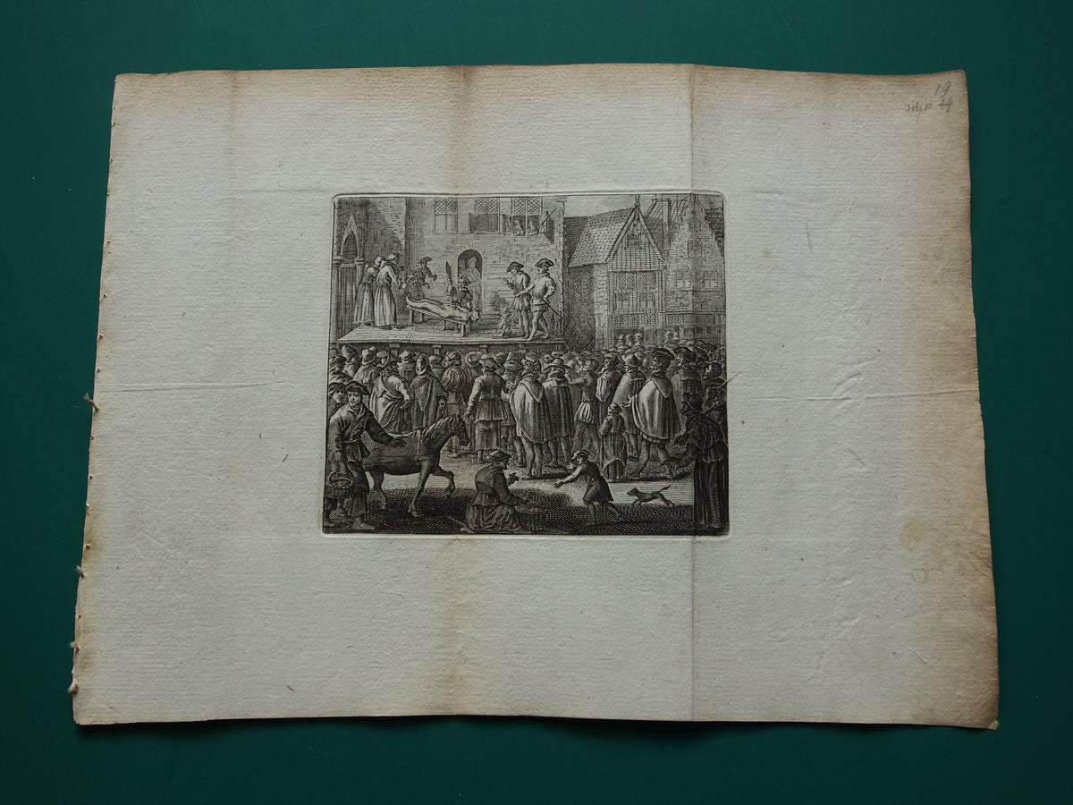 Executie Wederdopers Amsterdam - Set van drie antieke prenten uit 1770 - Gravure Geschiedenis Amsterdam Wagenaar Wederdopersoproer