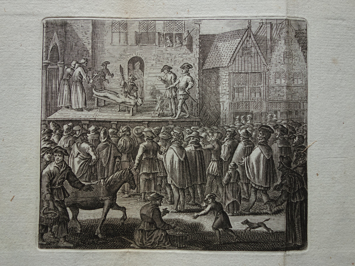 Executie Wederdopers Amsterdam - Set van drie antieke prenten uit 1770 - Gravure Geschiedenis Amsterdam Wagenaar Wederdopersoproer