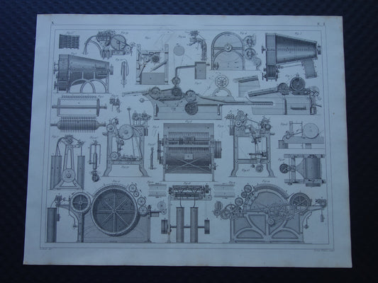 175+ jaar oude prent van katoen spinnen antieke wetenschap print over machines in spinnerij gravure print