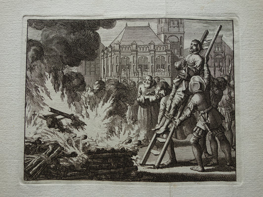 Veroordeling tot de brandstapel - Set van twee antieke prenten uit 1770 - Gravure Geschiedenis Amsterdam Wagenaar Spaanse Inquisitie Wederdopers