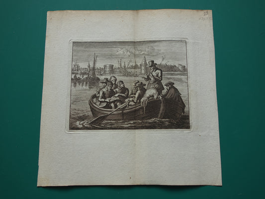 Wederdopers in een Roeiboot Antieke prent uit 1770 Gravure Geschiedenis Amsterdam Wagenaar Mennonieten
