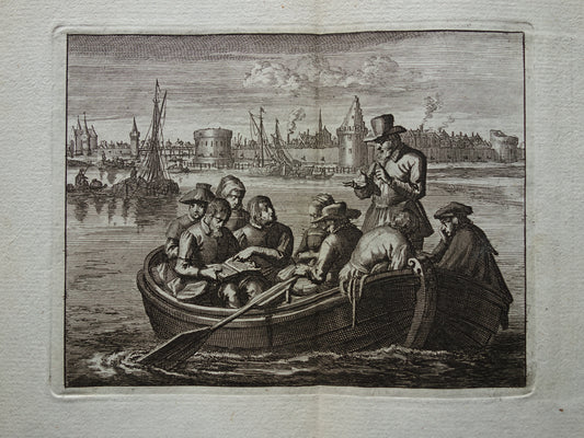 Vergadering van Mennoniten in een Roeischuitje. Wagenaar Amsterdam gravure