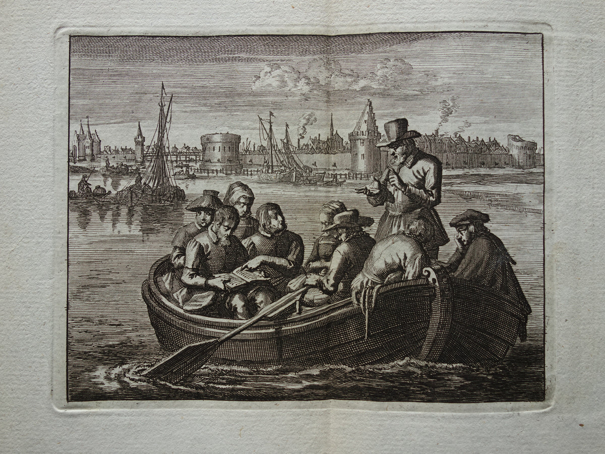 Vergadering van Mennoniten in een Roeischuitje. Wagenaar Amsterdam gravure