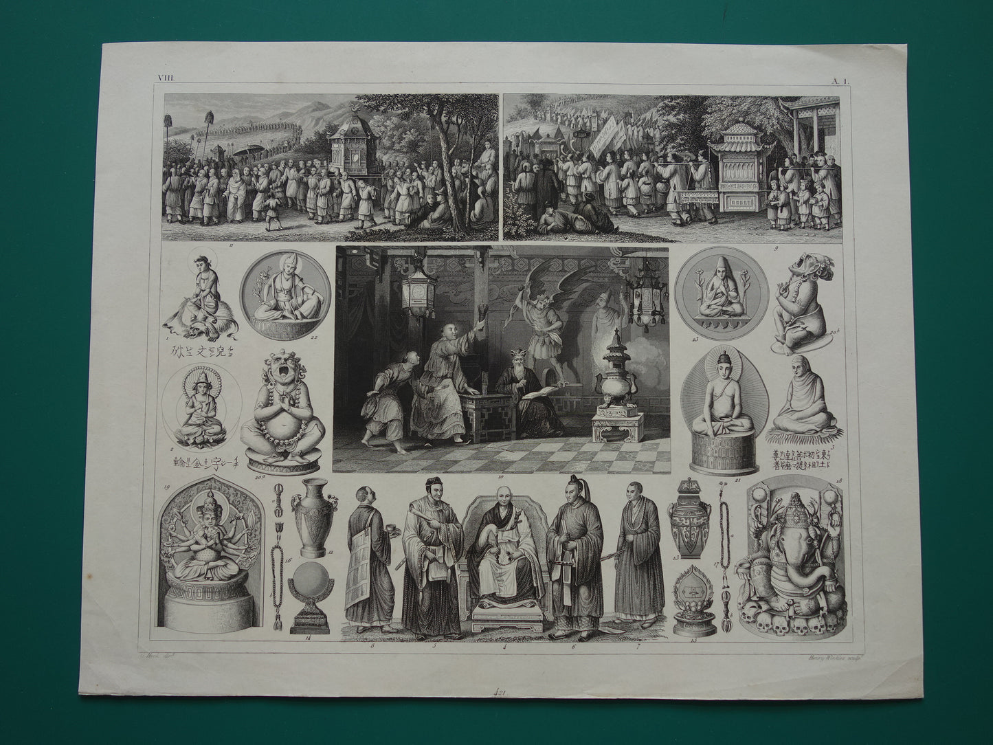 Oude prent over Oosterse religies 1849 originele antieke illustratie goden Boeddhisme vintage print Hindoeïsme Shinto