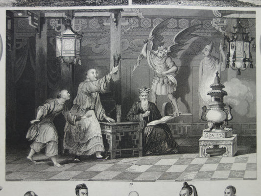Oude prent over Oosterse religies 1849 originele antieke illustratie goden Boeddhisme vintage print Hindoeïsme Shinto