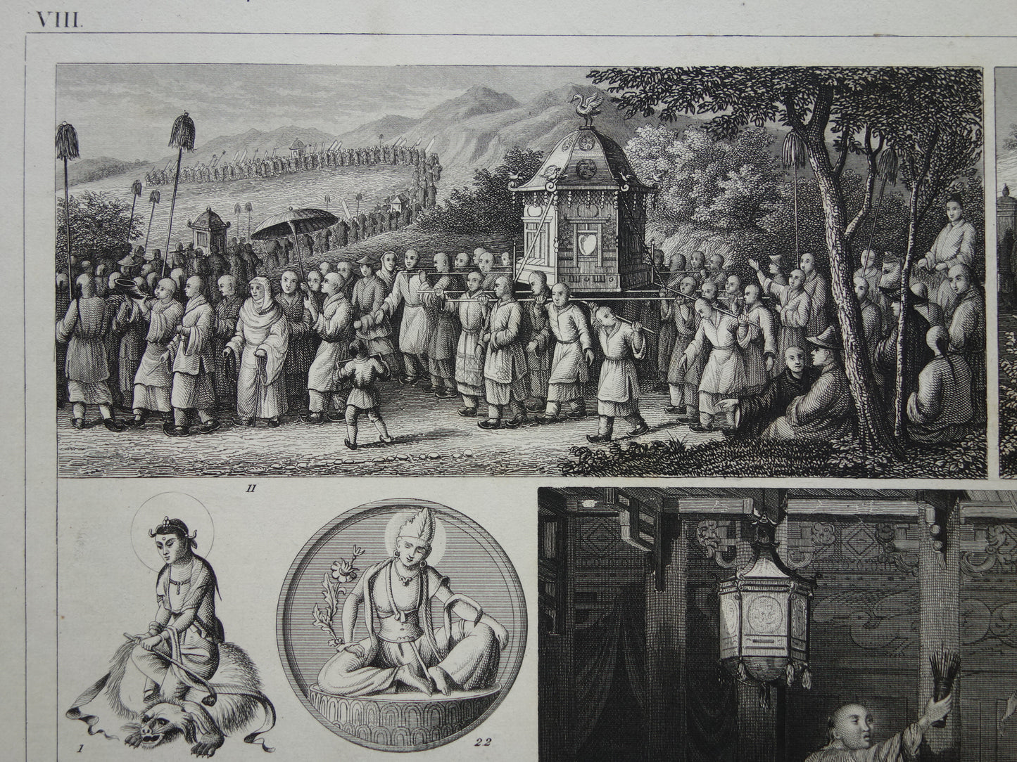 Oude prent over Oosterse religies 1849 originele antieke illustratie goden Boeddhisme vintage print Hindoeïsme Shinto