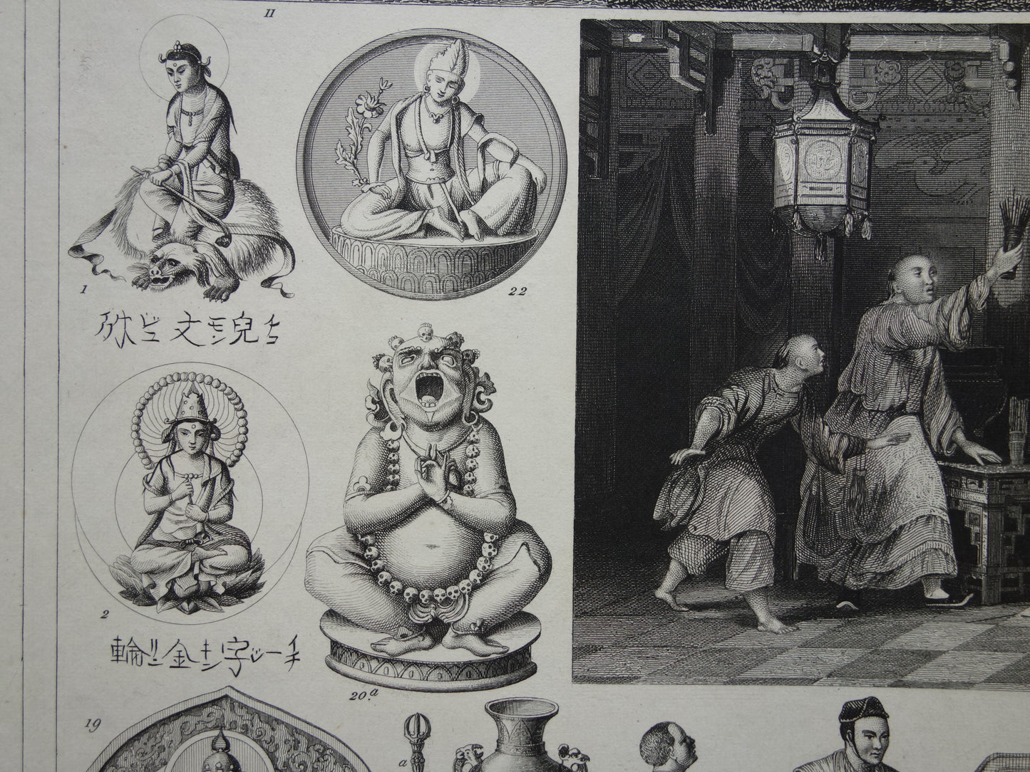 Oude prent over Oosterse religies 1849 originele antieke illustratie goden Boeddhisme vintage print Hindoeïsme Shinto
