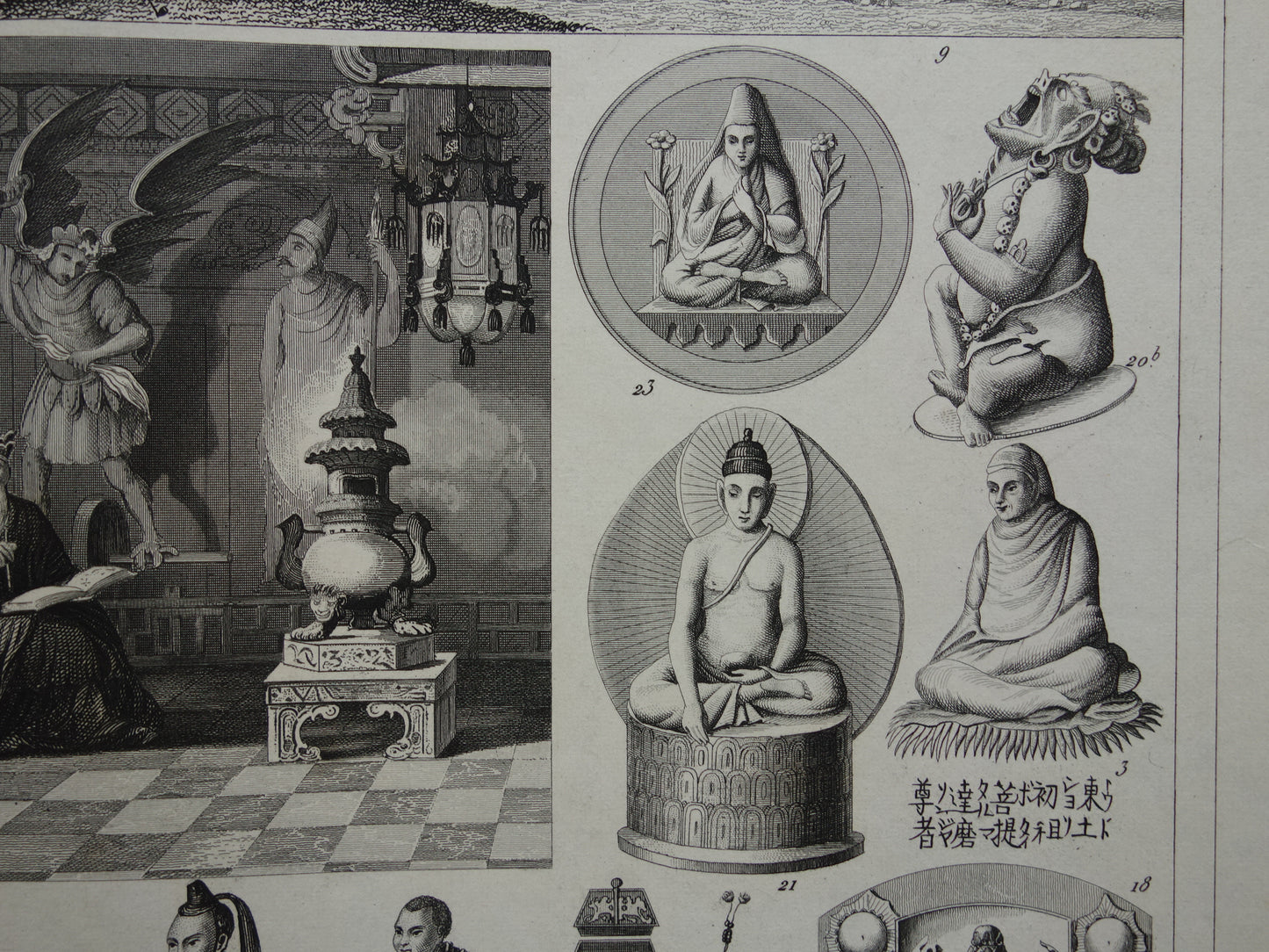 Oude prent over Oosterse religies 1849 originele antieke illustratie goden Boeddhisme vintage print Hindoeïsme Shinto