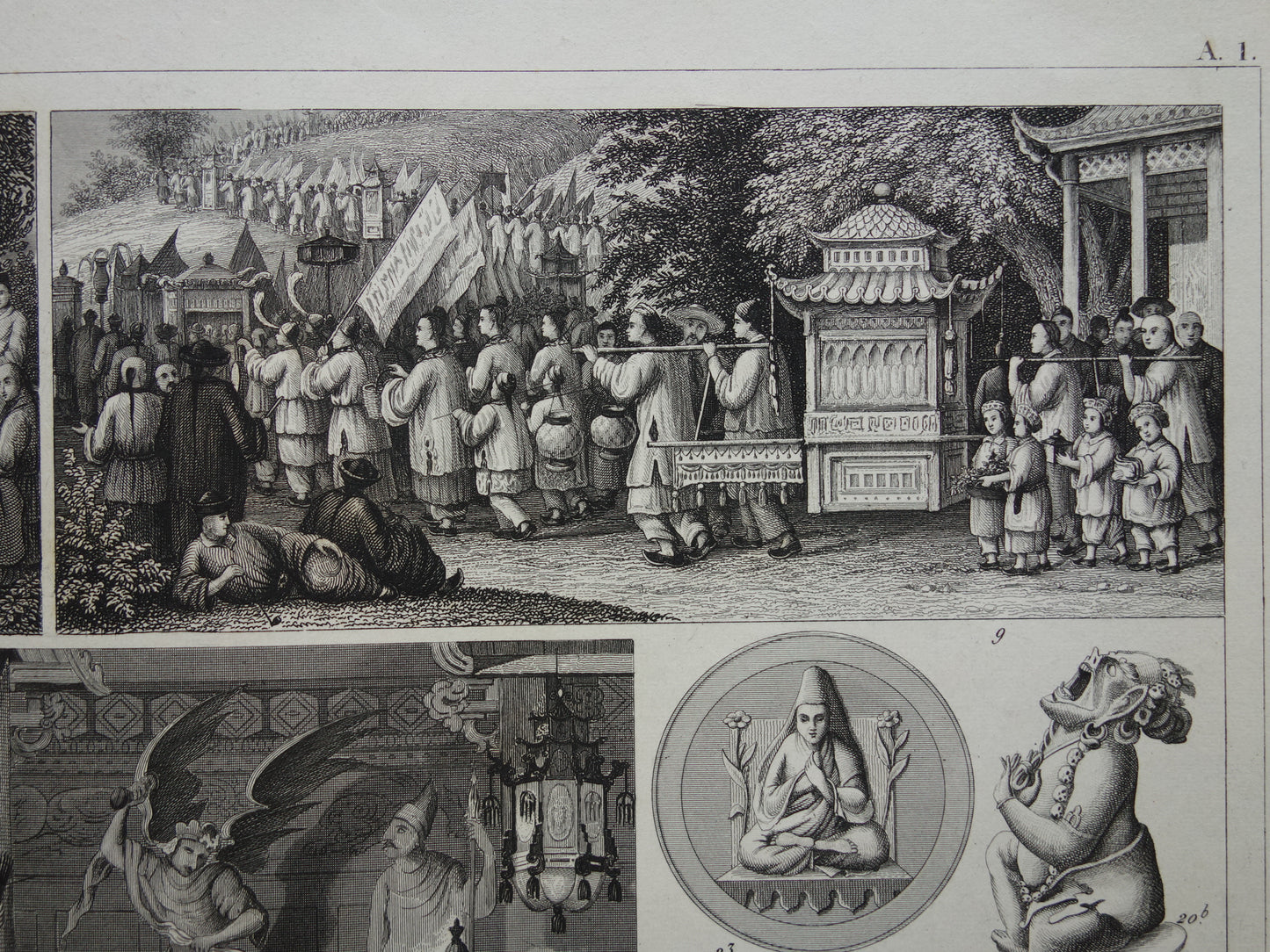 Oude prent over Oosterse religies 1849 originele antieke illustratie goden Boeddhisme vintage print Hindoeïsme Shinto