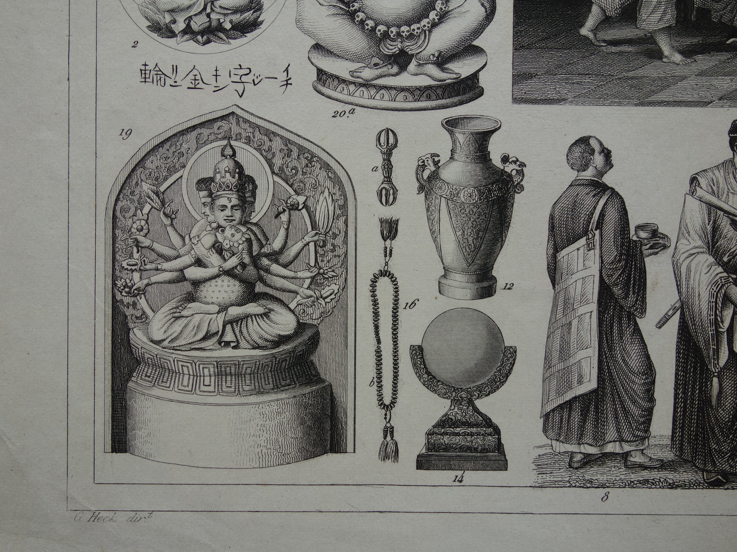 Oude prent over Oosterse religies 1849 originele antieke illustratie goden Boeddhisme vintage print Hindoeïsme Shinto