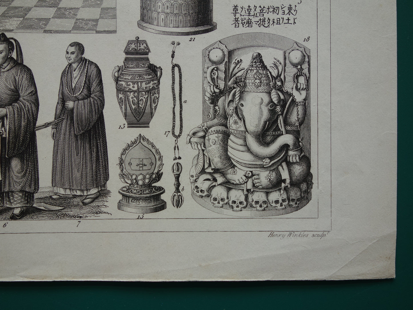 Oude prent over Oosterse religies 1849 originele antieke illustratie goden Boeddhisme vintage print Hindoeïsme Shinto