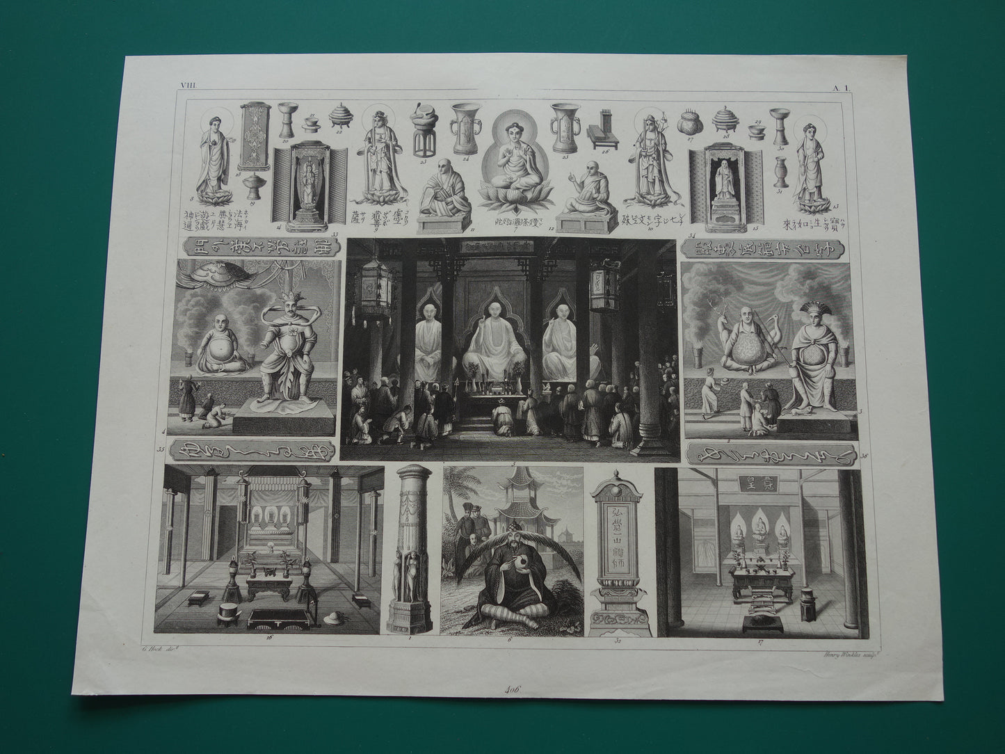 Oude prent over Oosterse religies 1849 originele antieke illustratie goden Boeddhisme vintage print Hindoeïsme