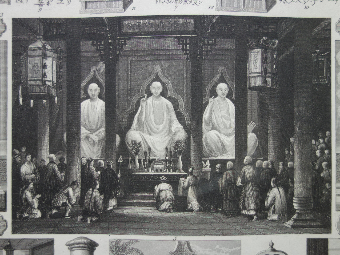 Oude prent over Oosterse religies 1849 originele antieke illustratie goden Boeddhisme vintage print Hindoeïsme