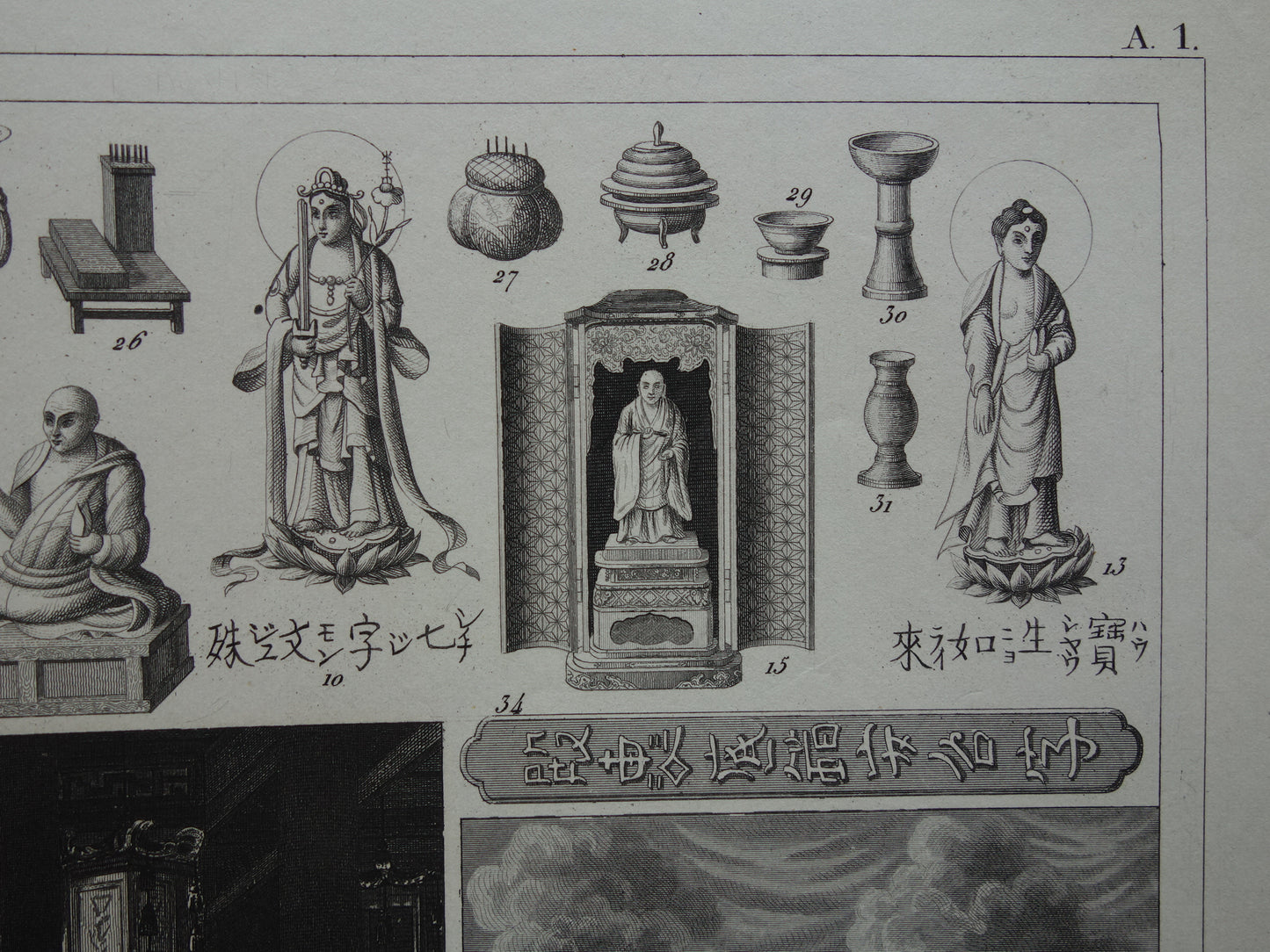 Oude prent over Oosterse religies 1849 originele antieke illustratie goden Boeddhisme vintage print Hindoeïsme